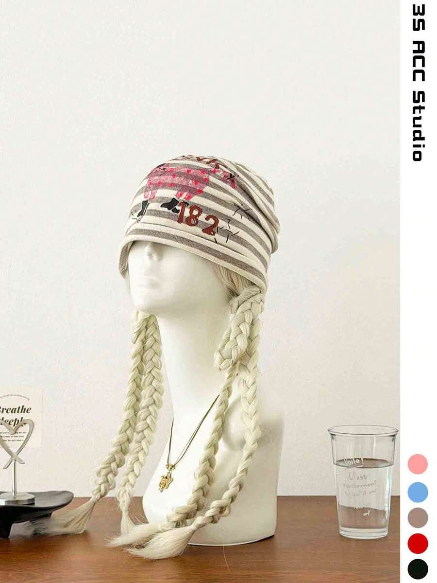 可愛貓咪條紋女款鬆垮針織帽，甜美大頭圍顯臉小保暖帽，秋冬時尚條紋毛線帽，羊毛復古風馬海毛套頭帽，百搭顯臉小蓬鬆針織帽，小眾 Ins 街頭風滑板街舞女款冷帽