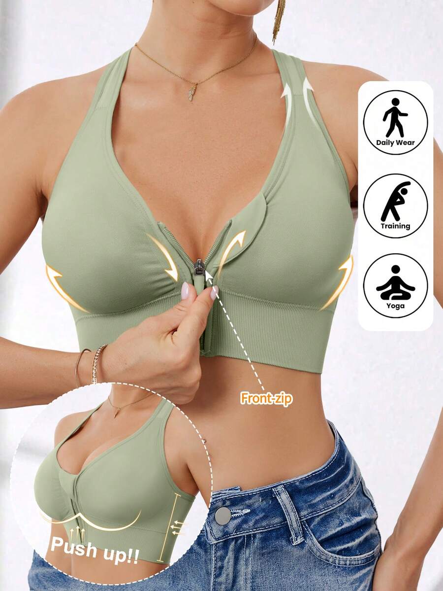 Women's High Intensity Front Zip Seamless Wireless Sports Bra, Suitable For Summer, Winter, Autumn And Spring - Mint Green - View 1