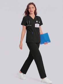 Solid Color V-Neck Short Sleeve Top And Elastic Waist Multi-Pocket Scrub Pants Scrub Uniform Set - Black - View 4