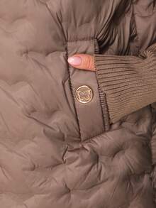 Women's Quilted Hooded Jacket Zip Front Ribbed Cuffs Hip Length Regular Fit - Khaki - View 5