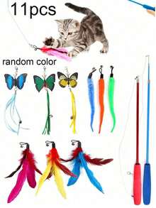 Happy Kitten Toy, Pet Cat Toy Set, Colorful Artificial Feathers, Fishing Rod, Caterpillar Bell, Replaceable Head Teaser Stick, Indoor And Outdoor Use, Training, Self-Entertainment, Relieve Boredom, (Random Color) - View 23