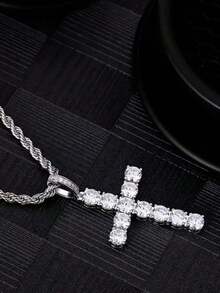 1pc Men's Stainless Steel Cross Pendant Necklace With Twist Chain, Hip Hop Rap Rock Style, Rhinestone Fashion Jewelry - Multicolor - View 3