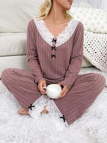 Fashion Women's Lace Trim Patchwork, Faux Placket, Black Bow Contrast Deep V-Neck, 12*4 Wide Ribbed Long Pants, Long Sleeve, Pajamas, Loungewear Set - Pink - View 6