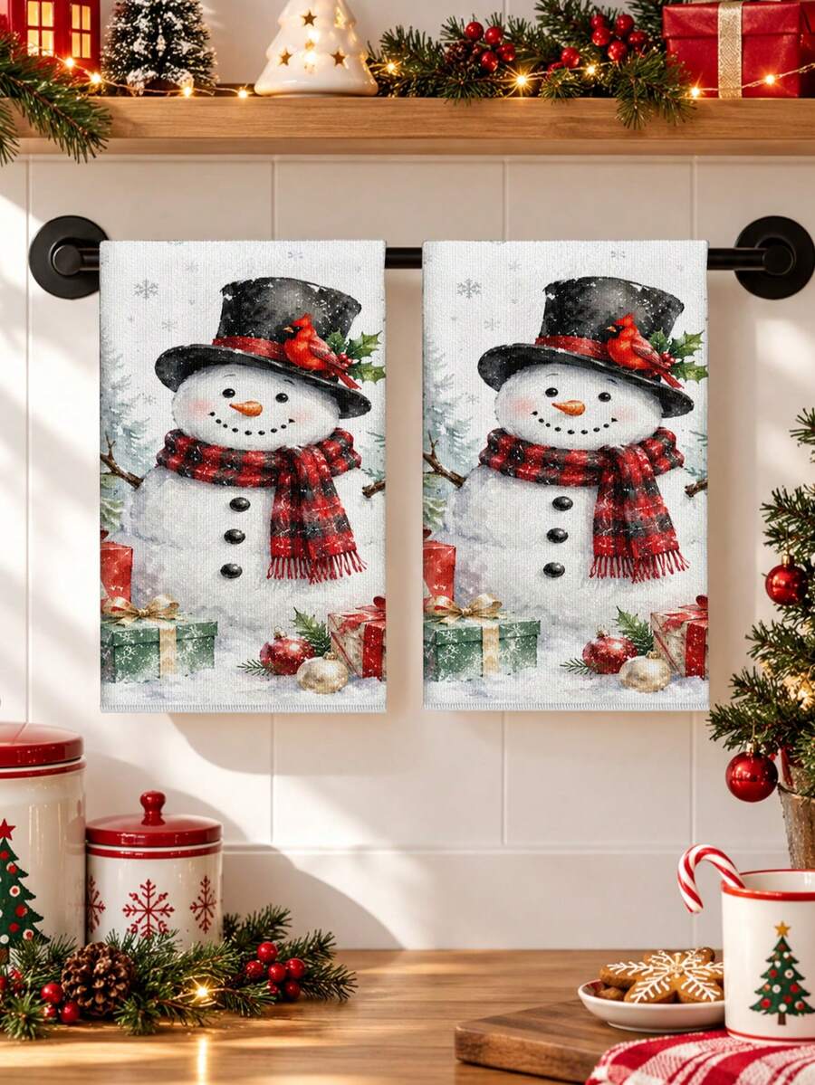 Handuk Tangan Dekoratif Motif Cetak Cat Air Boneka Salju Natal untuk Dapur dan Kamar Mandi, Dekorasi Rumah Liburan Natal, Hadiah dengan Pola Pohon Pinus, Kepingan Salju, Holly, Kardinal Merah, Musim Dingin - MultiWarna - View 1