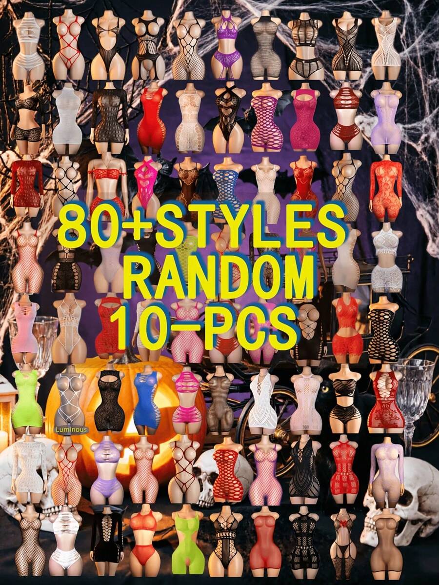 10pcs Random Assorted Colors Plus Size Women's Sexy Multi-Style Mesh Split Jumpsuit Fishnet Jumpsuit Socks Shiny Waist & Hip Skirt Adult New Arrival - Multicolor - View 1