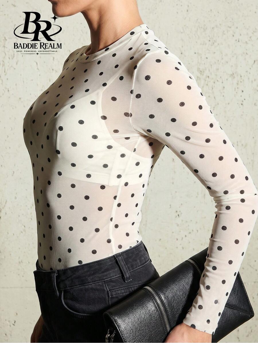 BADDIE REALM Atasan Jala Lengan Panjang Slim Fit Wanita Motif Polkadot, Elastis, Pakaian Dasar Sehari-hari - Putih - View 1
