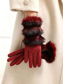 1 Pair Gloves, Elegant Classic Style Full Finger Shape, Tiered Fluffy Trim Touchscreen Compatible Hand Warm Cover, For Outdoor Commuting Evening Events Autumn Winter - Multicolor - View 16