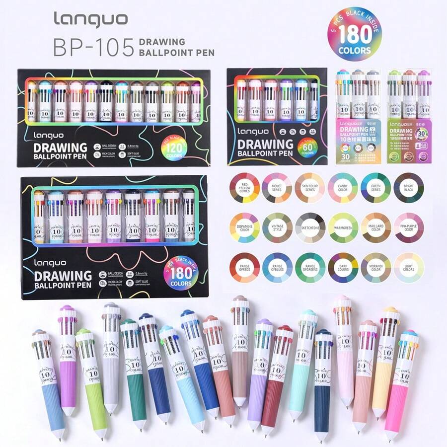 Languo 60/120/176 Colors Oil-Based 1 Pen 10 Colors Ballpoint Pen Set, Student Sketching Drawing Cartoon Character, Fine Line 0.8mm Colorful Gel Pen, Rich Colors Smooth Writing Creative Ballpoint Pen Cute Girl Style Stationery, Suitable For Diary Writing, Marking, DIY Painting, Note-Taking, Back To School Gift - Multi-color Ballpoint Pen - View 1