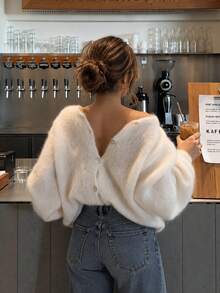 Women's Casual Elegant Long Sleeve Front Button-Up Hem Loose Soft Fluffy Mohair Knit Cardigan Reversible Daily Autumn Jacket - White - View 1