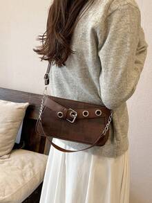 2026 New Niche Elegant Chain Eyelet Bag For Women, Motorcycle Style Underarm Shoulder Crossbody Small Square Bag With Premium Fresh Look - Coffee - View 8