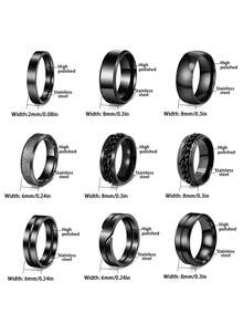 9PCS Punk Hip Hop Black Chain Plain Band Stainless Steel Men's Rings, Fashion Men's Jewelry Accessories, Rings For Daily & Anniversary Wear - Multicolor - View 5