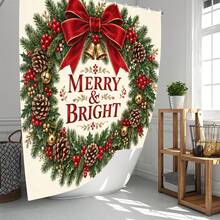 1pc/4pcs Red Bow & Floral Wreath Pattern Multi-Function Bathroom Decor Shower Curtain Set, Free 12 Hooks, Premium Holiday Atmosphere, Bathroom Mat, U-Shaped Rug And Round Toilet Lid Cover, Suitable For All Scenes Decoration Bathroom Set - Red Bow Wreath - View 2