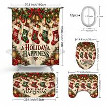 1pc/4pcs Christmas Stocking Pattern Multi-Functional Bathroom Decor Shower Curtain Set Free 12 Hooks Premium Holiday Atmosphere Bathroom Mat U-Shaped Floor Mat And Round Toilet Lid Cover Suitable For All Scenes Decoration Bathroom Set - Christmas Stockings - View 3