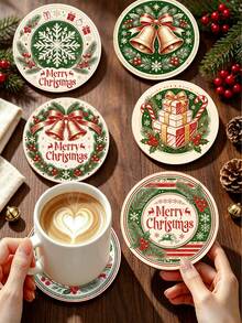 6/1pc Christmas Drink Coasters, Round Heat-Resistant Coffee Cup Mats, Santa Claus Snowman Reindeer Gingerbread Bear Gift Box Pattern, Holiday Table Decor, Ideal Christmas Gift, Home Kitchen Bar Stocking Filler - Multicolor - View 2