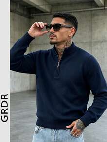 GRDR Men's Casual Long Sleeve Half Zip Lightweight Sweater, Versatile Daily Wear Knit Pullover - Navy Blue - View 10