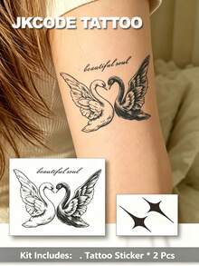 JKCODE TATTOO 2 Pcs Semi-Permanent Tattoo, "Cosmic Swan" Tattoo, Realistic Design, Hand-Drawn Art Tattoo, Mini Tattoo For Waist, Waterproof, Realistic Fake Tattoos, Botanical, Magic Tattoos, Lasts 1-2 Weeks, Neck Tattoo For Women, Perfect Gift - Dark Grey - View 3