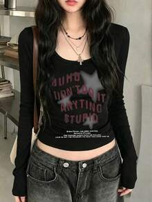 New Spring/Autumn Short Long Sleeve T-Shirt Women Y2K Generation Design Star Print Korean Style U-Neck Versatile Casual Slim Fit Top - Black - View 1
