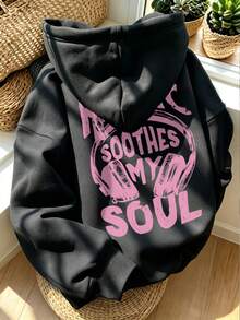 Women's Hooded Sweatshirt, Autumn/Winter New Style With Earphone Pattern And Letter Print, Drawstring Design, Pockets, Casual Versatile Loose Fit Top, Fashionable Daily Wear - Black - View 10
