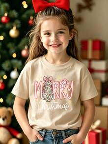 Girls Cream Pink Merry Bow Christmas Tree Printed Short Sleeve Crew Neck Tee - Apricot - View 3