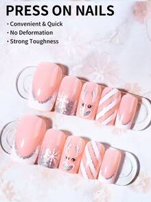 24 Short Square Christmas Nail Designs, Including Christmas Tree, Santa Claus, Snowman, Reindeer, Snowflake, Gingerbread Man, Candy Cane, And Santa Hat Designs. The Square Nail Set Includes: 1 Sheet Of Double-Sided Tape And 1 Nail File. Suitable For Women And Girls For Everyday Wear And Parties. - Multicolor - View 2