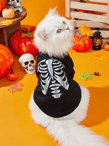 LUCKIE PAW 1pc Halloween Silver Skeleton Ribs Funny Pattern Pet Hoodie, Physical Flea Prevention, Reduce Shedding, Warm & Breathable Dog Vest, Suitable For Large And Small Dogs And Cats, Indoor And Outdoor - Black - View 2