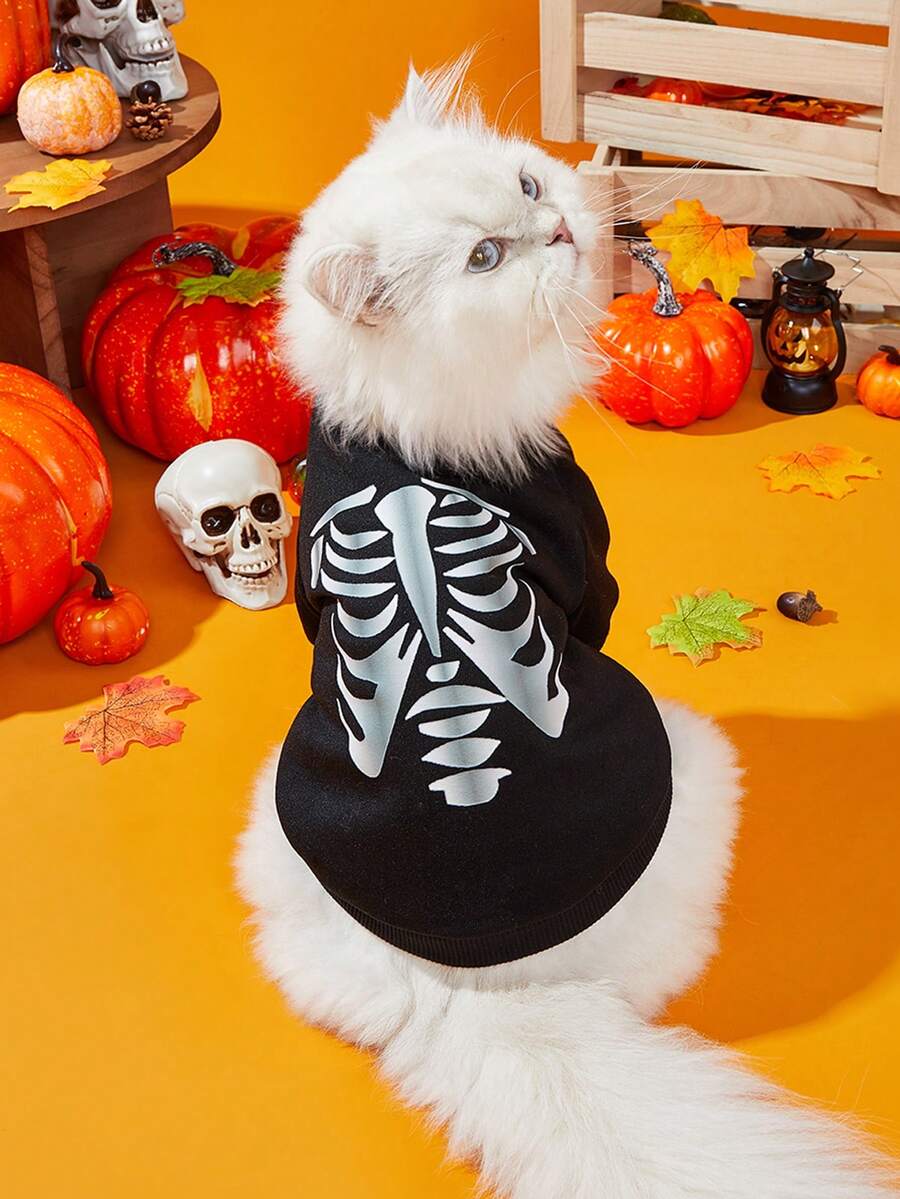 LUCKIE PAW قطعة واحدة هودي حيوانات أليفة بنمط هيكل عظمي فضي مضحك لعيد الهالوين، وقاية فيزيائية من البراغيث، تقليل تساقط الشعر، سترة دافئة وقابلة للتنفس للكلاب، مناسبة للكلاب الكبيرة والصغيرة والقطط، للاستخدام الداخلي والخارجي - الأسود - مشاهدة 1