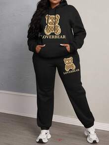 2 Pieces Plus Size Women's Hoodie Set. This Warm Hoodie Is Suitable For Home, Outings, Parties And Various Occasions. The Set Features A Simple Letter And Bear Print Design, Including A Drawstring Hoodie And Elastic Waist Sweatpants, Suitable For Autumn And Winter Wear. Elegant And Casual. - Black - View 4