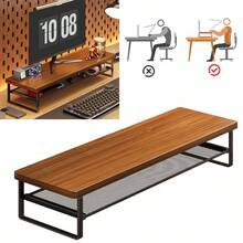 Vintage Monitor Desk Stand Riser Wood Desktop Storage Organiser Shelf - View 1
