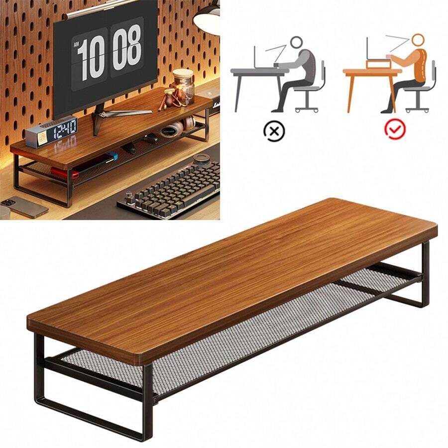 Vintage Monitor Desk Stand Riser Wood Desktop Storage Organiser Shelf - View 1
