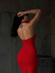 Summer Sexy Halter Red Ribbed Midi Bodycon Dress For Women Bandage Dress Elegant Night Out Evening Cocktail Party Dress - Red - View 11