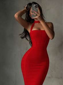 Summer Sexy Halter Red Ribbed Midi Bodycon Dress For Women Bandage Dress Elegant Night Out Evening Cocktail Party Dress - Red - View 3