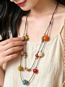 1pc Bohemian Style Colorful Heart Beaded Long Necklace, Brown Rope Layered Choker, Elegant Stackable Jewelry, Personalized Holiday Accessory, Suitable For Daily Wear, Party, Gift, Random Beaded Color - Multicolor - View 2