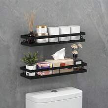 1pc Bathroom Storage Rack Wall-Mounted Matte Black Shower Organizer No Drilling Installation Floating Metal Shelf Suitable For Toilet Above And Sink Multi-Functional Hanging Basket Home Decor And Space Expansion Storage Rack - Multicolor - View 6