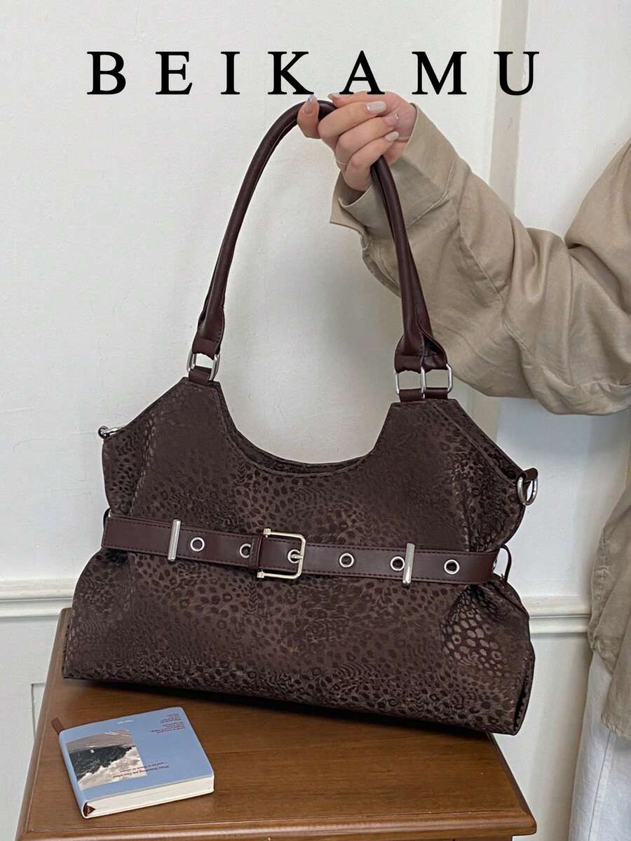 Fashionable Leopard Print Large Capacity Tote Bag, Strap Decor Pleated Versatile Women's Shoulder Bag Underarm Bag, Adjustable Strap Crossbody Bag, Suitable For College, Commuting, Shopping, Street Wear, Daily Use. - Coffee - View 1