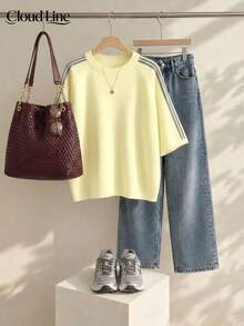 Plus Size Fall Winter Striped Raglan Sleeve Sweater, Crew‑Neck 3/4 Sleeve Loose Fit Daily Commuter Knit Top For Curvy Ladies - Pale Yellow - View 2