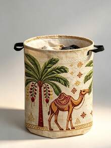 Decorative Bohemian Style Laundry Basket, Round Laundry Basket, Craft And Sewing Supplies Storage, Camel And Date Palm Tree Pattern - Suitable For Bathroom Storage, Bedside Storage With Sturdy Handles, Storage Basket For Room Decor, 2D Flat Laundry Basket - Multicolor - View 8