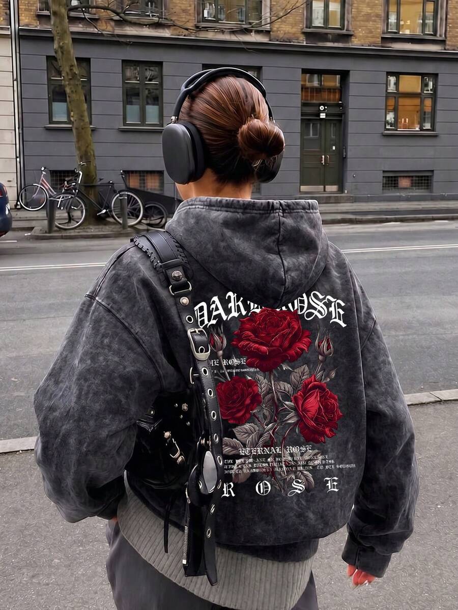1pc Women's Black Washed Loose Hooded Sweatshirt, Red Rose Skull Vintage Gothic Streetwear Print On Back - Black - View 1