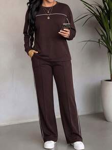 LUNNELUX Women Fall Brown Knit 2 Pieces Outfits, White Piping Round Neck Long Sleeve Top & Wide Leg Pants Set Halloween Travel Daily Tracksuit - Dark Brown - View 9