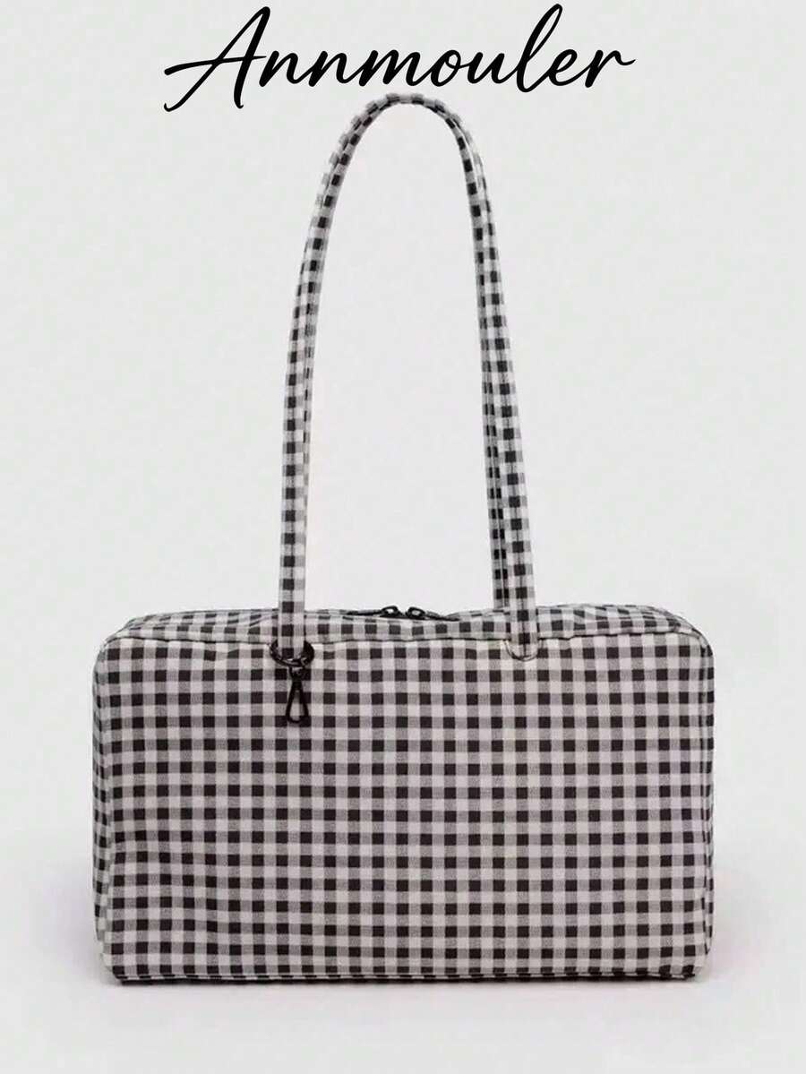 Durable Plaid Handbag, Spacious Travel Tote Bag, Minimalist Large Capacity Square Shoulder Bag For Daily Use - Multicolor - View 1