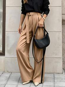 Women's Elegant Colorblock High Waist Straight Leg Pants With Belt, Daily Commute Spring/Autumn Outfit - Khaki - View 5