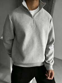 Men's Autumn/Winter Half-Zip Turn Collar Sweatshirt, Light Business Casual Pullover Top - Grey - View 2