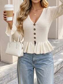 Women's V Neck Long Sleeve Button Detail Short Cardigan, Elegant For Fall And Winter - Beige - View 3