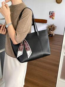 Fashion Solid Color PU Small Shoulder Tote Bag With Scarf Decoration, Suitable For Women Shopping, Commuting And Daily Use - Black - View 5