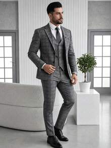 Spring Autumn Men's Formal Suit Vest Trousers Jacket Set Casual Fashion Design Daily Wear 3 Pieces Suit - Dark Grey - View 3