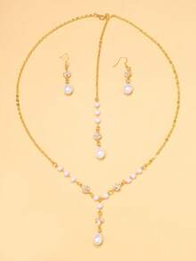Juego de joyería de 3 piezas con mariposa, pedrería, gota de agua y perla, collar convertible con diseño frontal y posterior + pendientes colgantes, accesorios nupciales para boda - Cristales - Ver 10