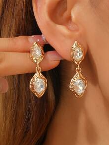 1 Pair New Fashion Gold-Tone Rhinestone Water Drop Pendant Earrings, Unique Niche Design, High-End Asymmetrical Metal Earrings For Women's Daily Wear - Earring - View 2