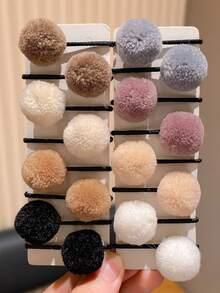 32pcs Autumn/Winter Fluffy Pom Pom Hair Ties For Girls, Soft Plush Ball Elastic Headbands, Morandi Color Hair Ropes For Girls, Suitable For Ponytail Daily Hair Accessories, Gift For Girls, Children's Hair Accessories - Multicolor - View 4