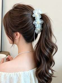 1/2PCS Elegant Mesh Flower Banana Clip Fashion Faux Pearl Ribbon Ponytail Hair Clip Versatile Hair Accessory For Women - Multicolor - View 4