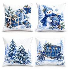 4pcs Blue Christmas Pillow Covers, Winter Wonderland Snowman Tree Gift And Royal Decor Cushion Covers, Elegant Blue White Gold Holiday Home Decor, Without Inserts - Blue and White - View 6