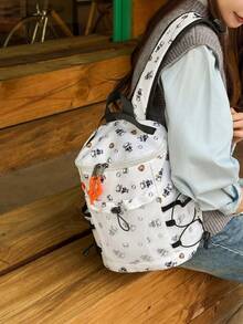White Allover Baseball Panda Print Backpack, Drawstring Mesh Pocket Multi‑Pocket Lightweight Casual Daypack Rucksack For Teen Outdoor Daily Use - Multicolor - View 5